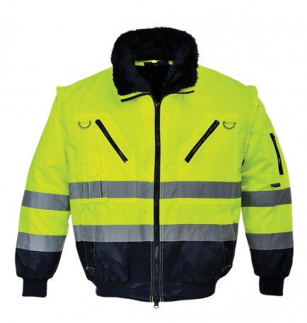Portwest  Hi-Vis Fur Lined 3-in-1 Pilot Jacket With Detachable Sleeves (PJ50) CLEARANCE