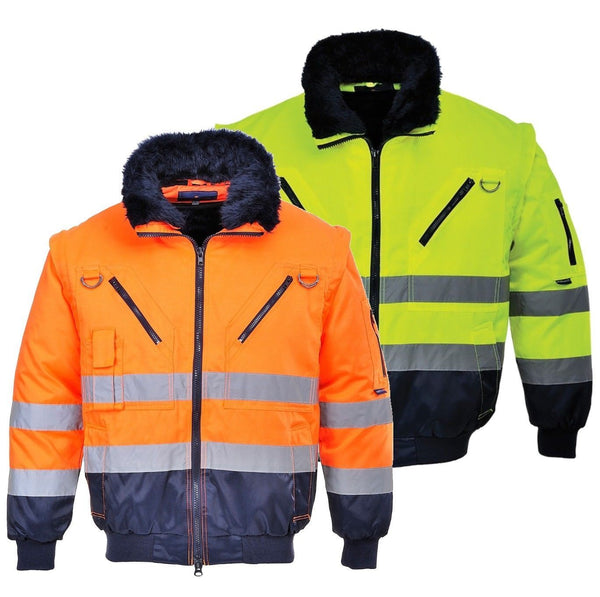 Portwest  Hi-Vis Fur Lined 3-in-1 Pilot Jacket With Detachable Sleeves (PJ50) CLEARANCE